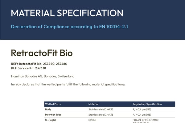 Material Specification document for RetractoFit Bio, Declaration of Compliance per EN 10204-2.1, showing wetted parts table