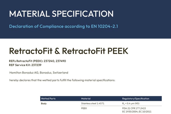 Material Specification sheet for RetractoFit & RetractoFit PEEK, Declaration of Compliance per EN 10204-2.1