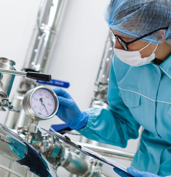 Technician in cleanroom PPE checking a pressure gauge on stainless steel process equipment while recording data on a clipboard.
