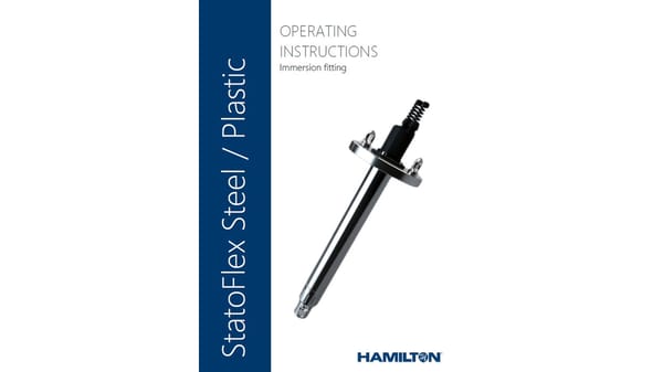 StatoFlex Steel/Plastic immersion fitting operating instructions cover, showing a stainless steel sensor assembly with flange and spring-loaded head
