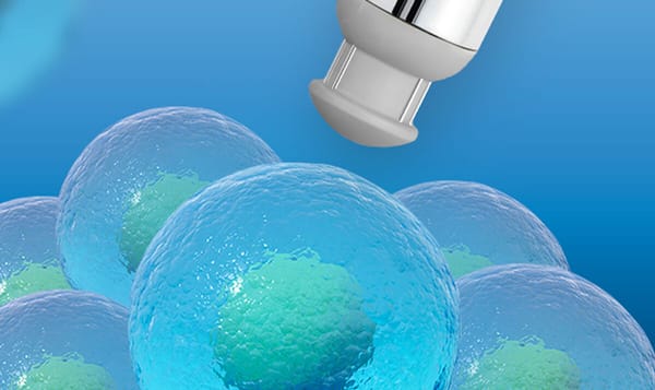 Close-up illustration of a cell density sensor probe approaching a cluster of translucent blue-green biological cells