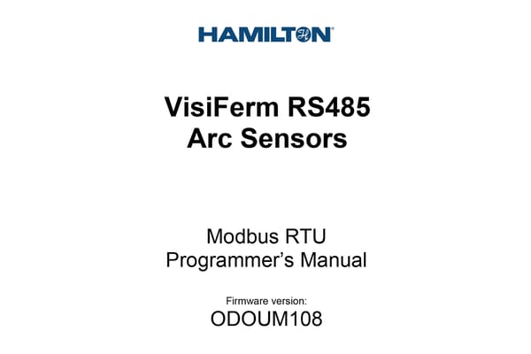 Hamilton VisiFerm RS485 Arc Sensors Modbus RTU Programmer's Manual cover, firmware version ODOUM108