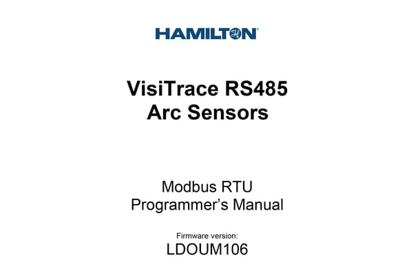 VisiTrace RS485 Arc Sensors Modbus RTU Programmer's Manual cover, firmware version LDOUM106, Hamilton logo