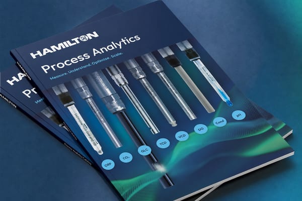 Hamilton Process Analytics catalog cover showing sensors labeled ORP, CO₂, GLC, TCD, VCD, DO, Cond, and pH