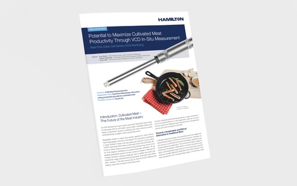 Hamilton application note titled "Potential to Maximize Cultivated Meat Productivity Through VCD In-Situ Measurement" featuring an Incyte Arc sensor and a cast iron skillet with cultivated sausages