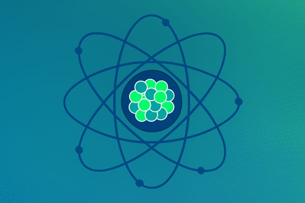 Stylized atom diagram with orbital paths and a nucleus of green and teal spheres, on a blue-green gradient background