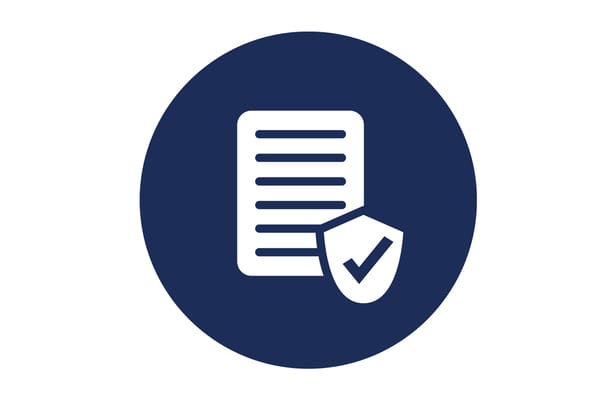 Icon of a document with a shield and checkmark overlay on a navy blue circular background