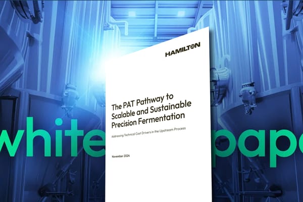 Hamilton white paper cover titled "The PAT Pathway to Scalable and Sustainable Precision Fermentation," November 2024, with fermentation tanks in background.