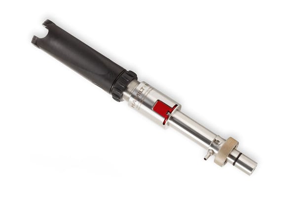 Hamilton retractable bioprocess sensor assembly with black housing, stainless steel body, red retraction mechanism, and threaded fitting