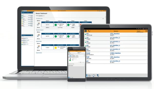 Hamilton software dashboard displayed on laptop, tablet, and smartphone screens showing sensor monitoring interface