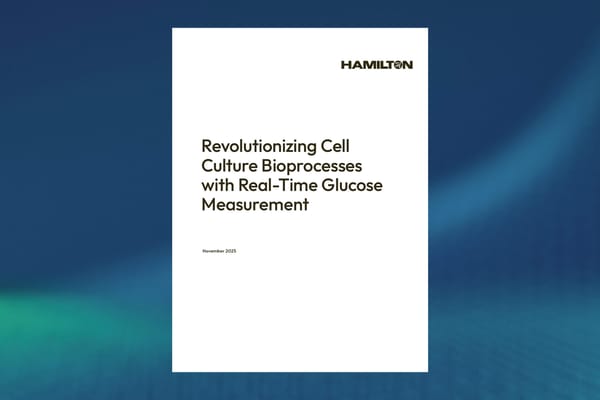 White paper cover titled "Revolutionizing Cell Culture Bioprocesses with Real-Time Glucose Measurement," dated November 2025, by Hamilton.