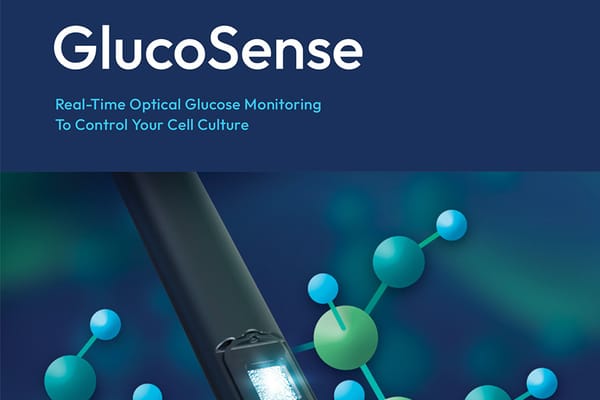 GlucoSense brochure cover with optical sensor probe and molecular graphics on dark blue background