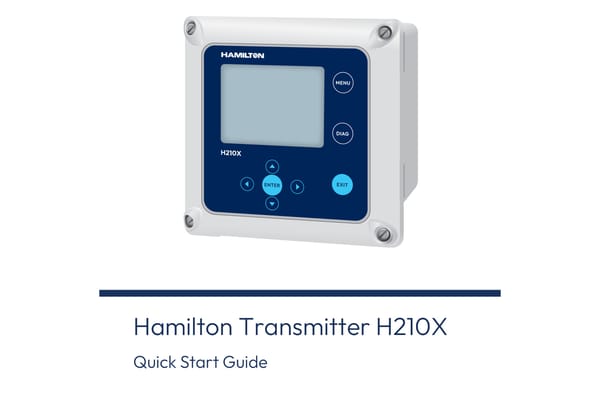 Hamilton Transmitter H210X quick start guide cover showing the H210X panel-mount transmitter with LCD display, MENU, DIAG, EXIT, ENTER, and arrow buttons