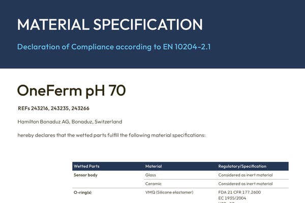 Oneferm ph 70 material spec