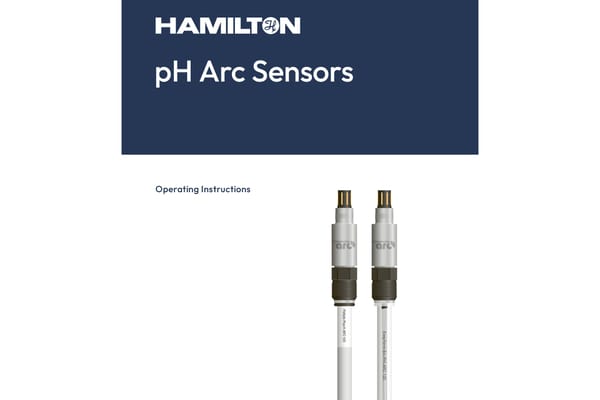 Hamilton pH Arc Sensors operating instructions cover showing two Arc pH sensors: Polilyte Plus H ARC 120 and EasyFerm Bio PH ARC 120