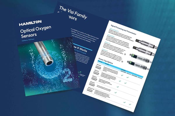 Hamilton optical oxygen sensors brochure pages showing VisiFerm and VisiTrace product details, sensor cap options, and sensor images
