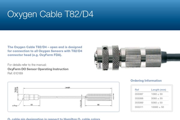 Oxygen Cable T82/D4 product page showing a metal multi-pin connector cable, dimensional diagram, and ordering information table.
