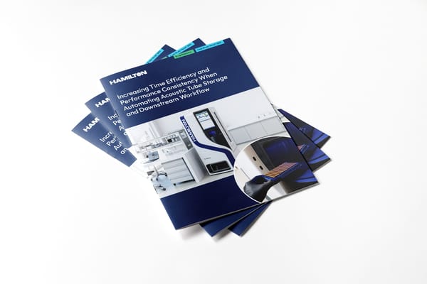 Hamilton Verso Q20 automated sample storage system with case study title overlay and inset of gloved hands loading a tube rack