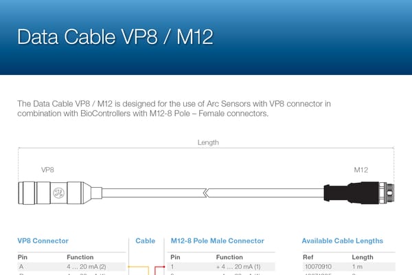 Data Cable VP8/M12 datasheet showing cable diagram with VP8 and M12 connectors, pin functions, and available lengths.
