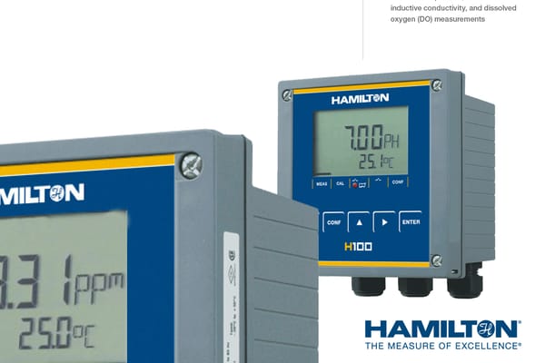 Hamilton H100 transmitter displaying 7.00 pH and 25.1°C on LCD, with a second unit showing 8.3 ppm and 25.0°C