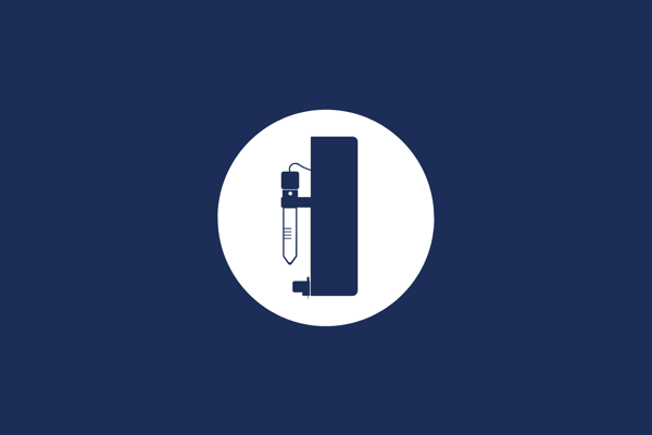 Icon of a liquid handling syringe mounted on a vertical module, shown in navy blue on white.