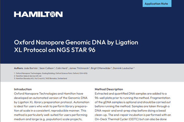 Hamilton application note cover: "Oxford Nanopore Genomic DNA by Ligation XL Protocol on NGS STAR 96"