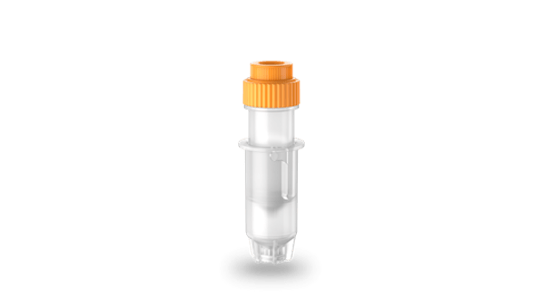 Small clear plastic microcentrifuge tube with orange screw cap and internal filter insert