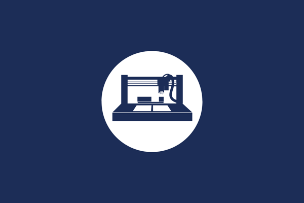 Icon of a CNC or automated liquid handling workstation, dark blue silhouette on white circle