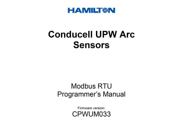 Conducell UPW Arc Sensors Modbus RTU Programmer's Manual cover, firmware version CPWUM033, Hamilton logo