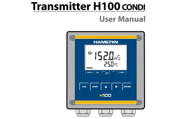 Hamilton H100 CONDI transmitter user manual cover showing device front panel with LCD displaying 152.0 mS and 25.0°C
