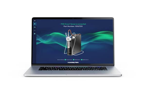 Laptop screen showing Hamilton PSD Smart Sense software UI with connected device, part number 10167210, and sensor checklist