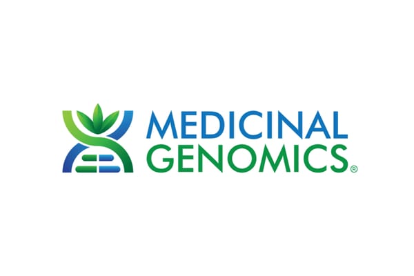 Medicinal Genomics logo with a DNA helix and plant leaves icon in blue and green gradients