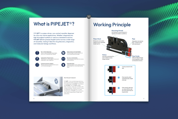 Two-page PIPEJET® brochure spread showing product overview, labeled component diagram, and dispensing cycle illustrations.