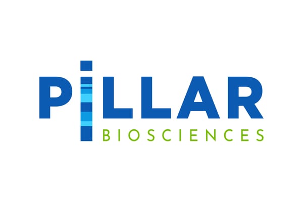 Pillar Biosciences logo with blue bold text and green "Biosciences" subtitle, featuring a stylized DNA gel band icon in the letter "I"