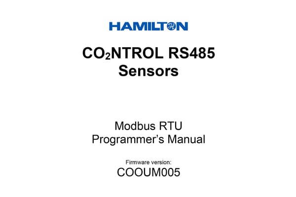 Cover page of the Hamilton CO₂NTROL RS485 Sensors Modbus RTU Programmer's Manual, firmware version COOUM005