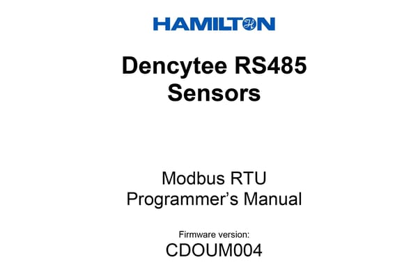 Hamilton Dencytee RS485 Sensors Modbus RTU Programmer's Manual cover, firmware version CDOUM004