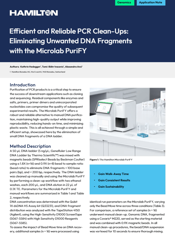 Hamilton Microlab PuriFY benchtop instrument on a laboratory bench with reagent tubes nearby
