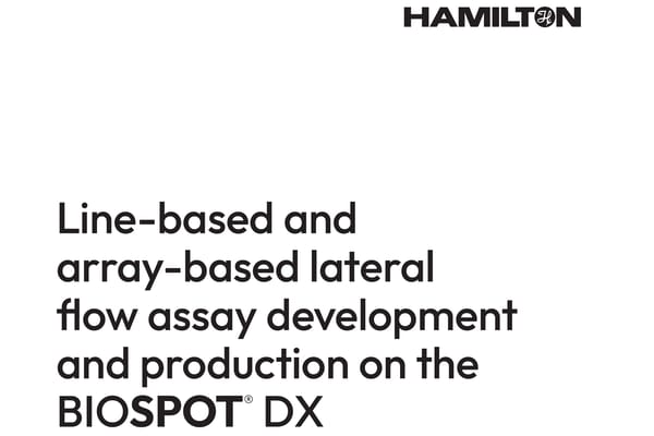 Hamilton BIOSPOT DX white paper cover: "Line-based and array-based lateral flow assay development and production on the BIOSPOT® DX"