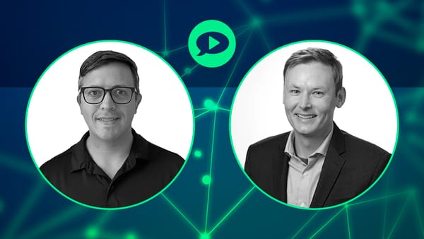 Two headshot portraits in circular frames on a teal network background with a chat-play icon above