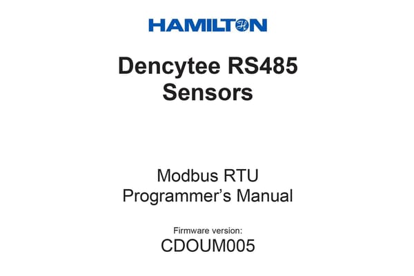 Hamilton Dencytee RS485 Sensors Modbus RTU Programmer's Manual cover, firmware version CDOUM005