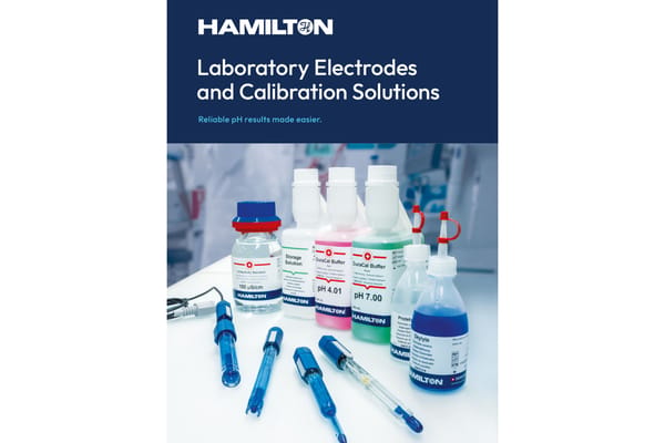 Hamilton Laboratory Electrodes and Calibration Solutions brochure cover showing pH electrodes, DuraCal Buffer pH 4.01 and pH 7.00, Storage Solution, and Skylyte electrolyte solution