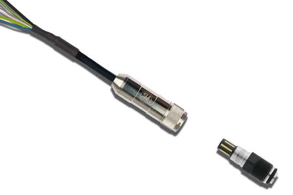 Metal circular connector with multi-conductor cable and a separate mating plug showing gold contacts