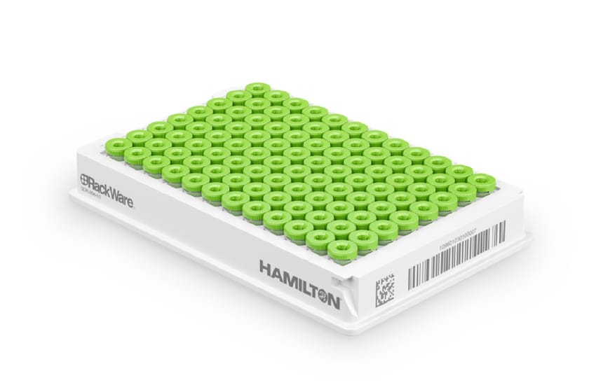 Hamilton RackWare 96-position rack with green internally-threaded tube caps on a white base