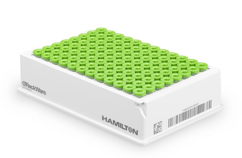 Hamilton RackWare 96-position rack with green screw-cap tubes, white housing, barcode label visible