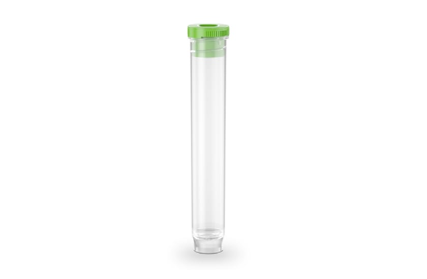 Clear plastic microcentrifuge tube with green screw cap, standing upright on flat base
