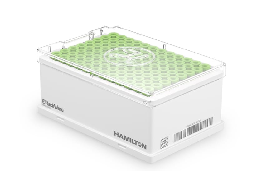 Hamilton RackWare rack of green-capped 1 mL tubes in a clear-lidded white storage box