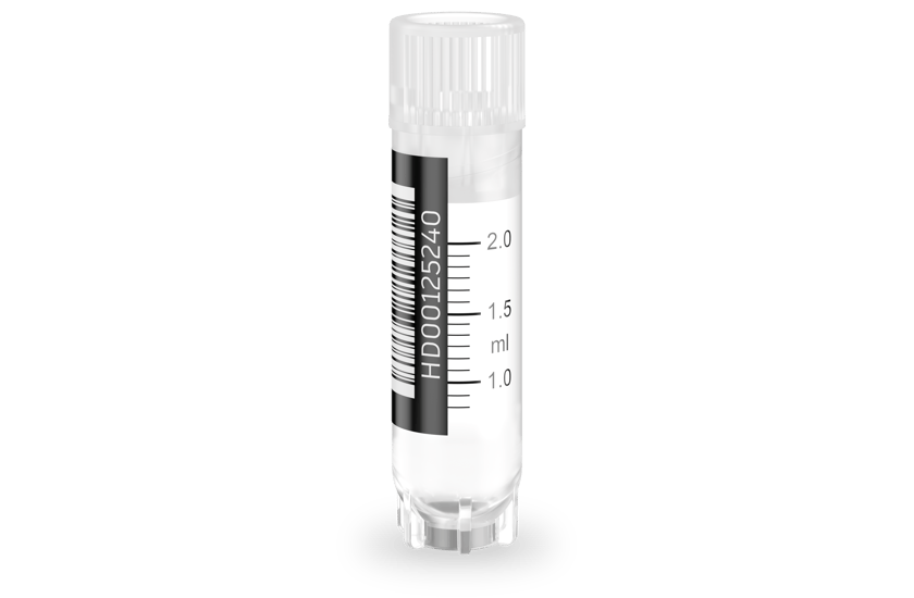 Clear 2 mL cryogenic vial with screw cap, volume graduations at 1.0, 1.5, and 2.0 mL, and barcode label reading HD00125240