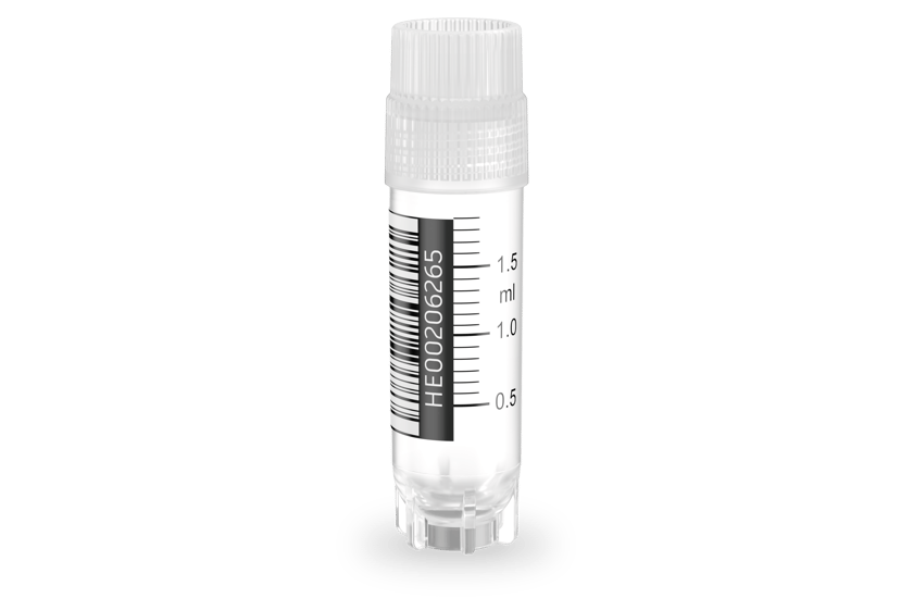 Clear 2 mL cryogenic vial with screw cap, barcode label reading HE00206265, and graduated markings at 0.5, 1.0, and 1.5 mL