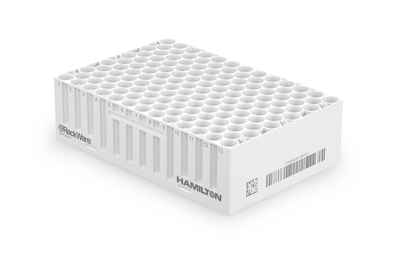 Hamilton RackWare sample storage rack with 96-well tube positions and barcode labels on white background