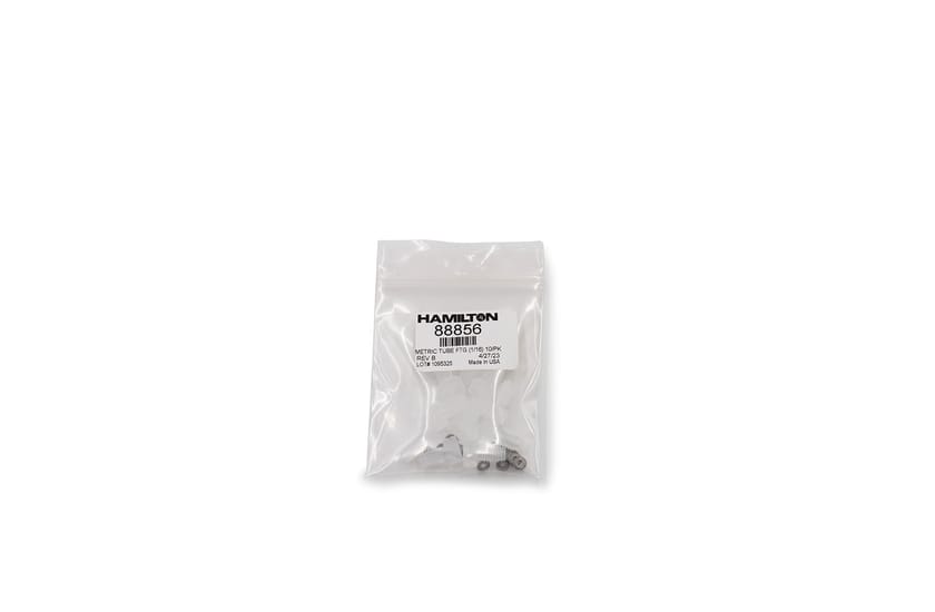 Resealable bag labeled Hamilton 88856 containing metric tube fittings, 1/16 inch, pack of 10, made in USA